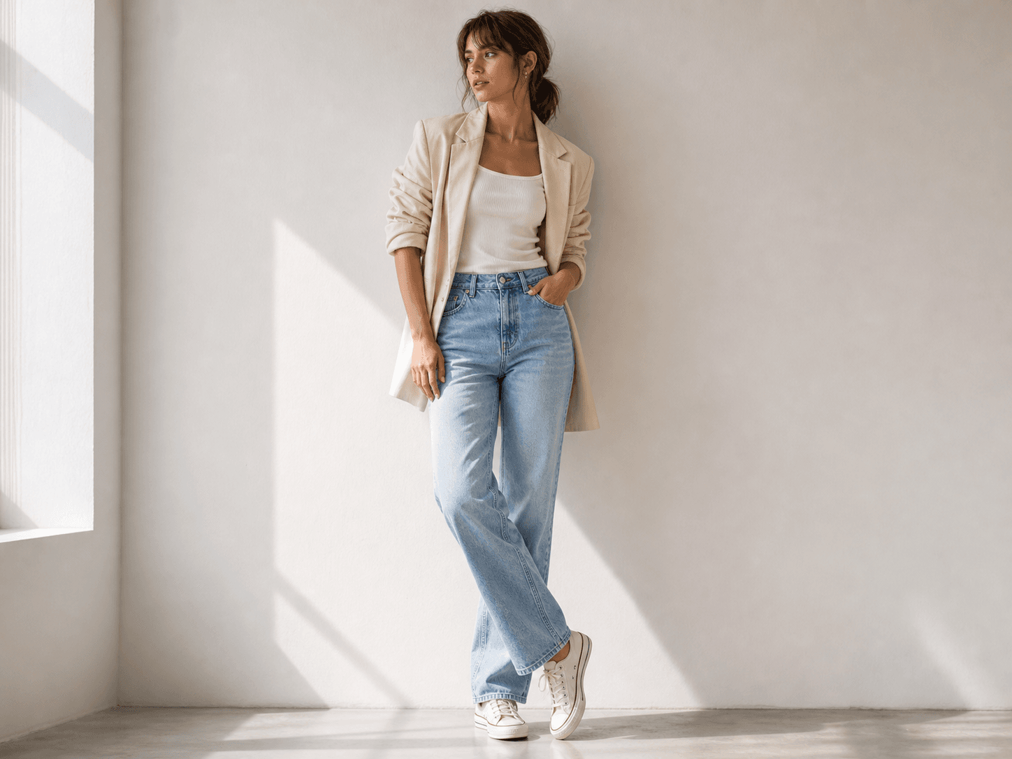 Look con blazer claro y jean